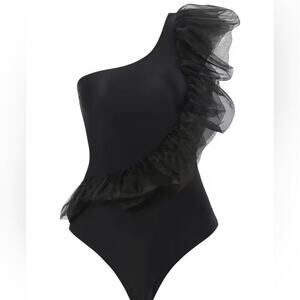 One Shoulder Black Ruffle Organza Trim Swimsuit